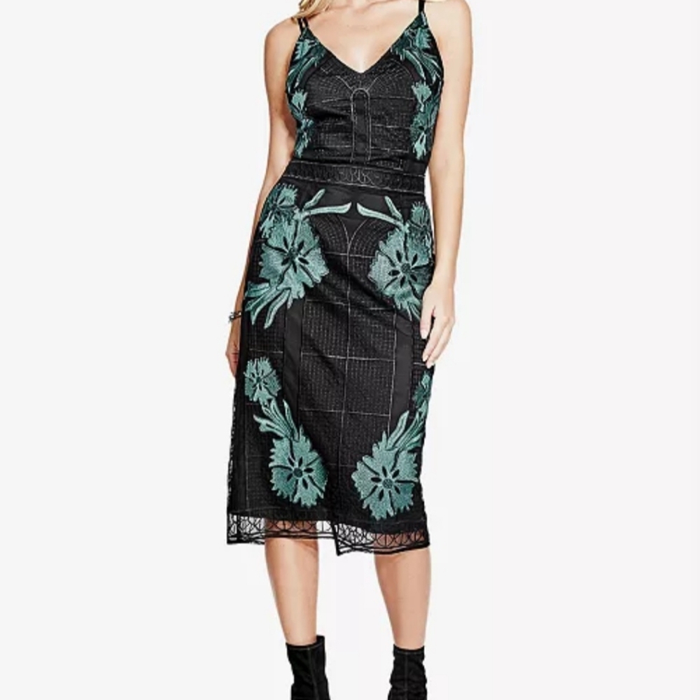 Guess Black and Green Floral Midi Dress
